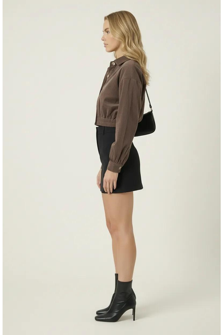 Cropped Collared Button-Up Stretch Hem Jacket, Alternate, color, Brown