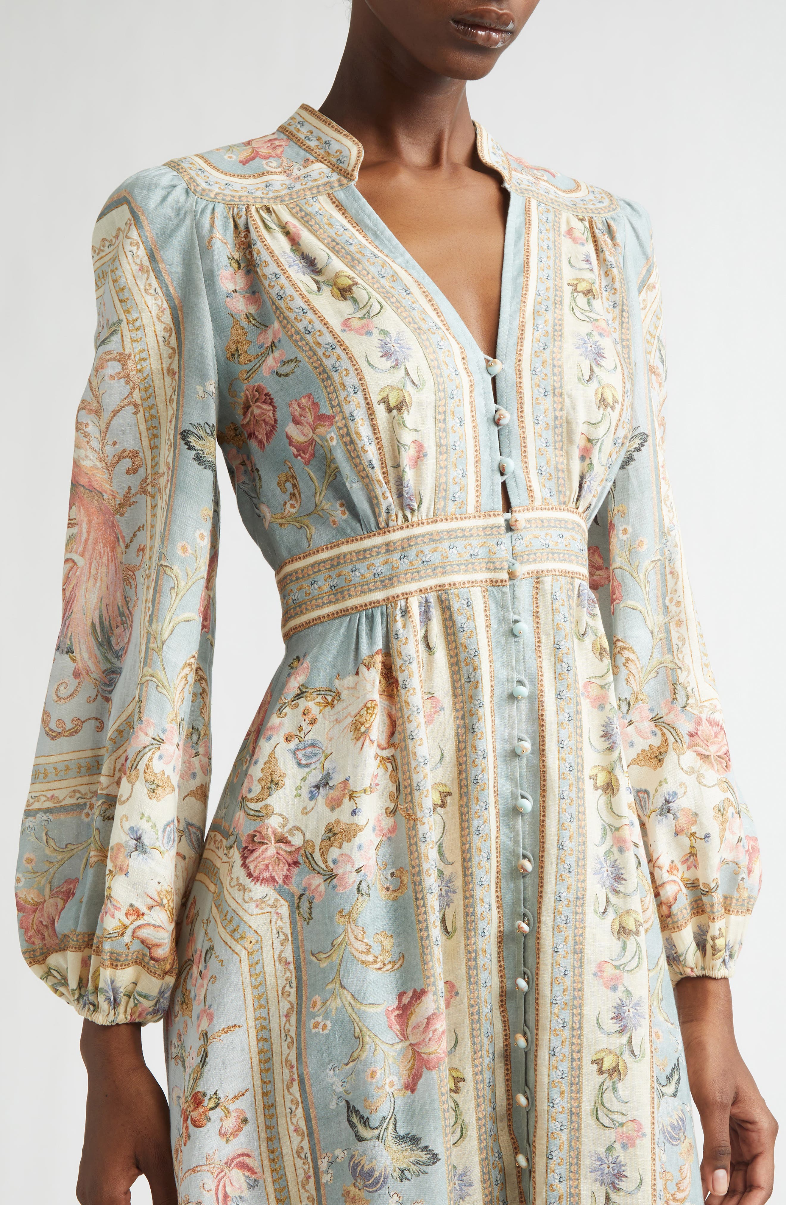 Zimmermann Roselight Plunge Long Sleeve Linen & Silk Midi Dress