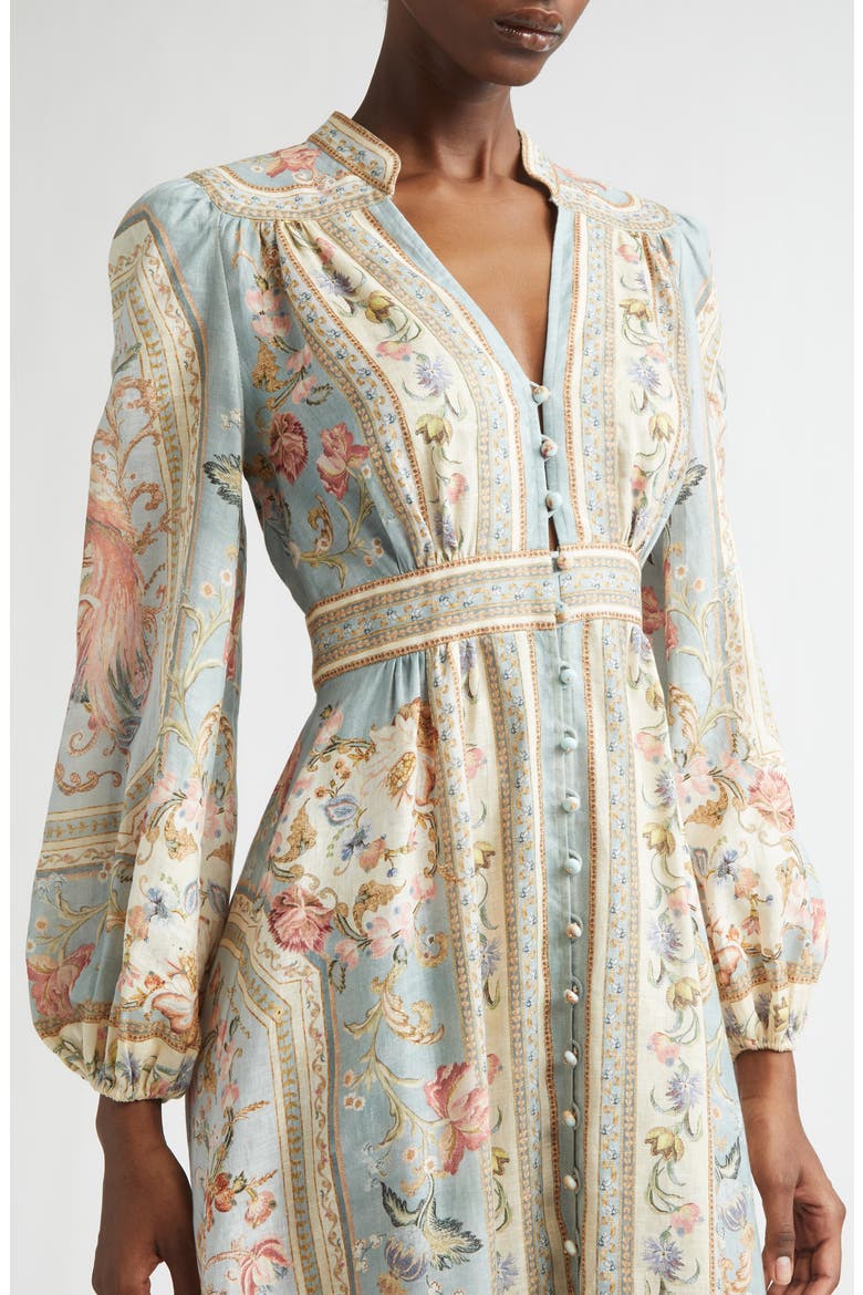 Roselight Plunge Long Sleeve Linen & Silk Midi Dress, Alternate, color, BLUE TAPESTRY FLORAL