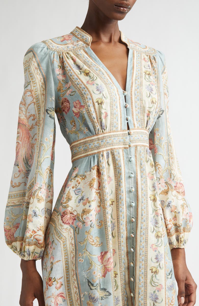 Zimmermann Roselight Plunge Long Sleeve Linen & Silk Midi Dress, Alternate, color, Blue Tapestry Floral