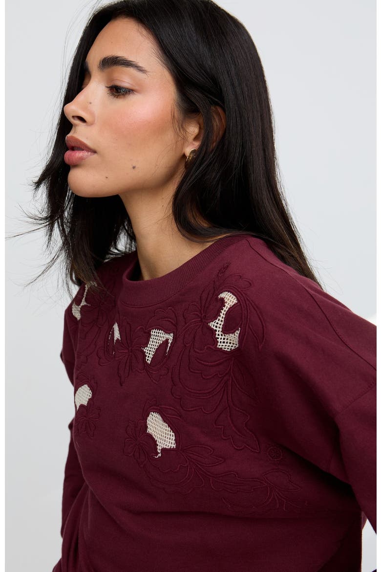 Lily-Anne Long Sleeves Cut Out Embroidered Sweatshirt, Alternate, color, Burgundy