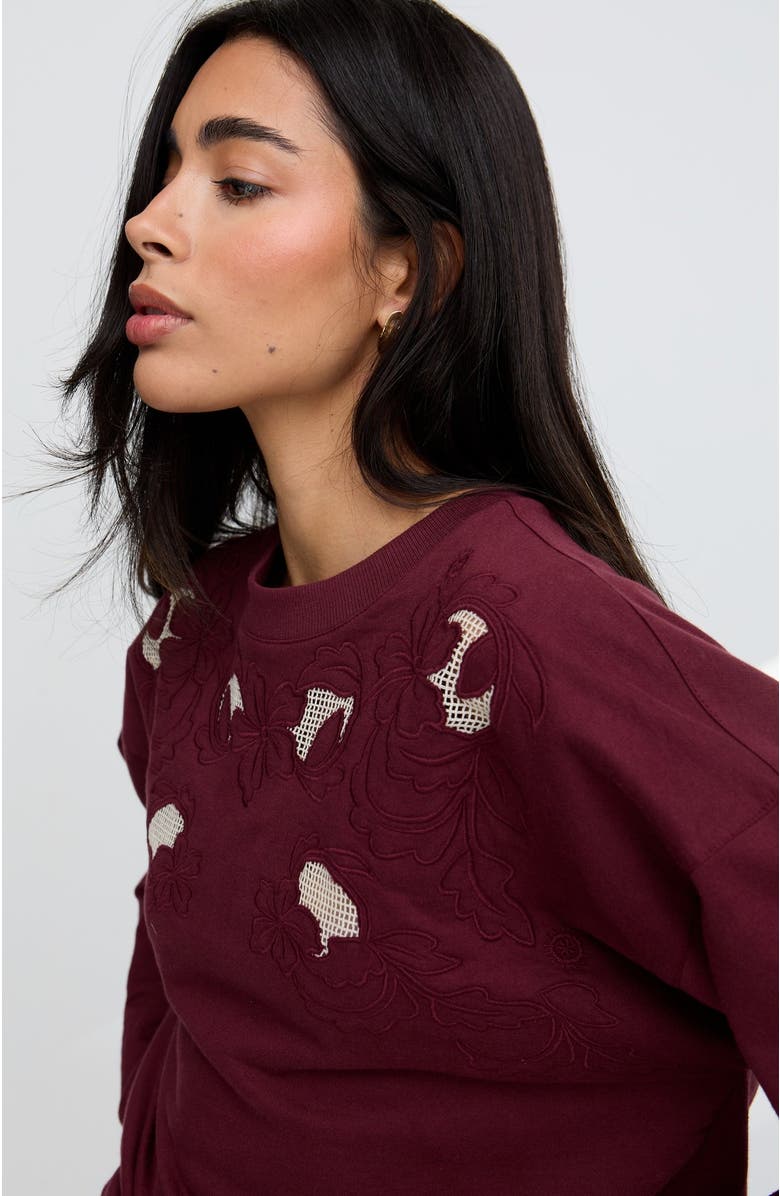 Raffya Lily-Anne Long Sleeves Cut Out Embroidered Sweatshirt, Alternate, color, Burgundy