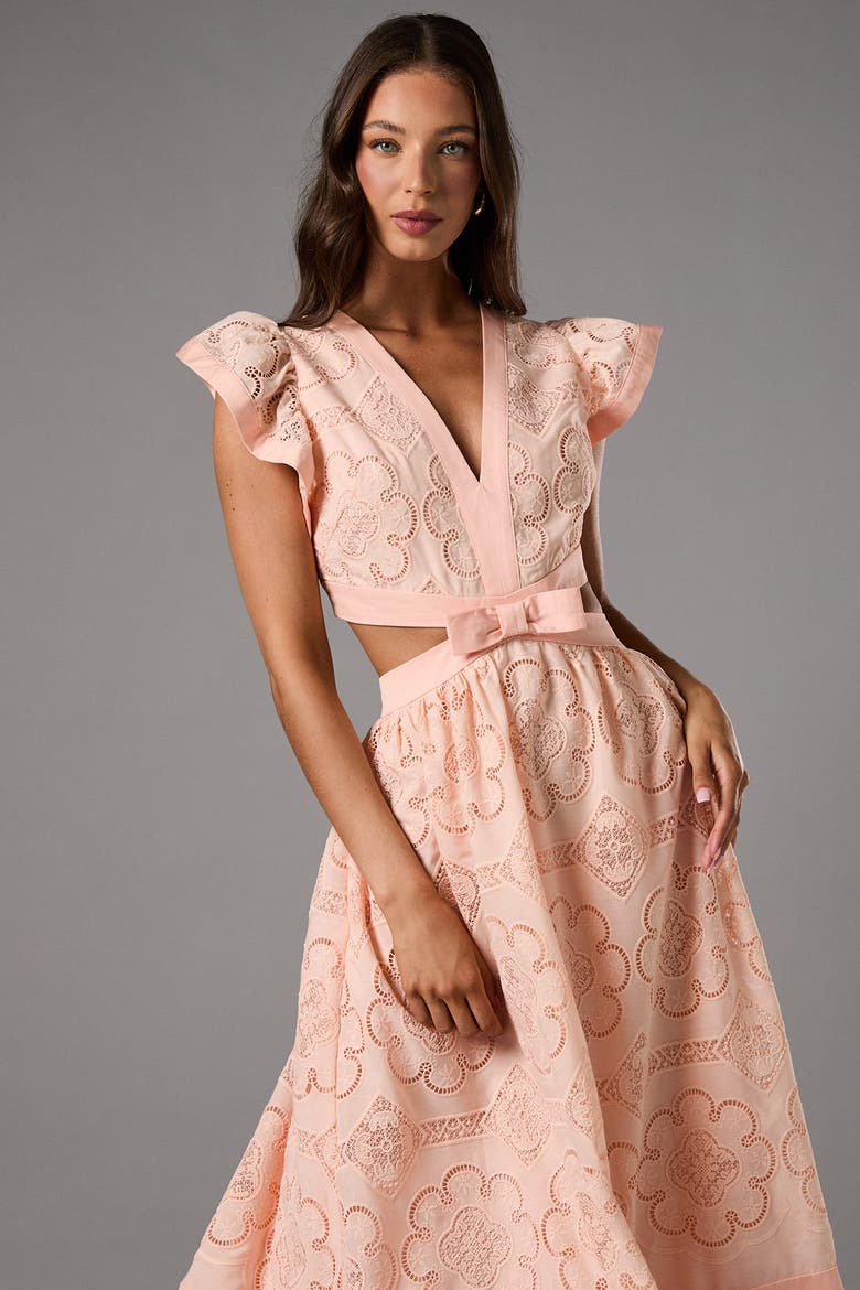 V-Neck Cut Out Lace Midi Dress, Alternate, color, Peach