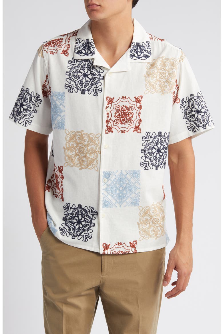 Didcot Relaxed Fit Short Sleeve Cotton & Linen Notched Collar Camp Shirt, Main, color, CREAM MULTI