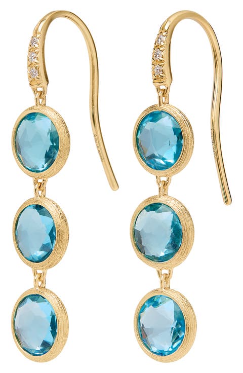 Jaipur 18k Gold Blue Topaz Three-Stone Drop Earrings