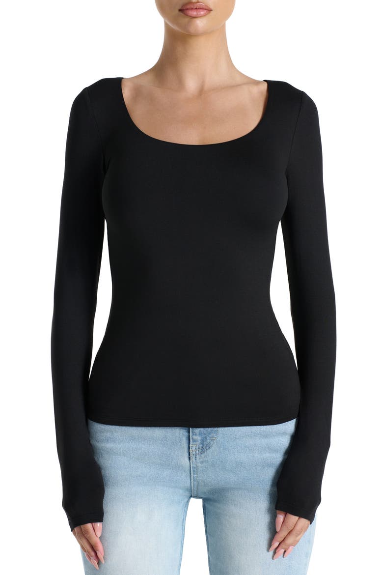 Bare Scoop Neck Long Sleeve Top, Main, color, BLACK