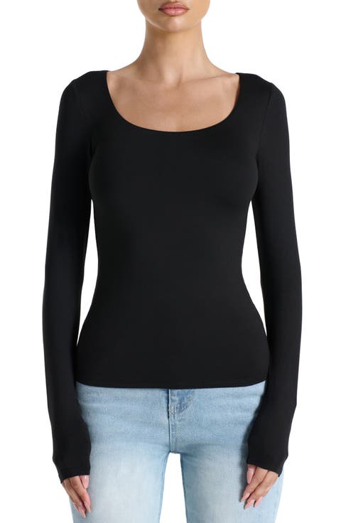 Bare Scoop Neck Long Sleeve Top