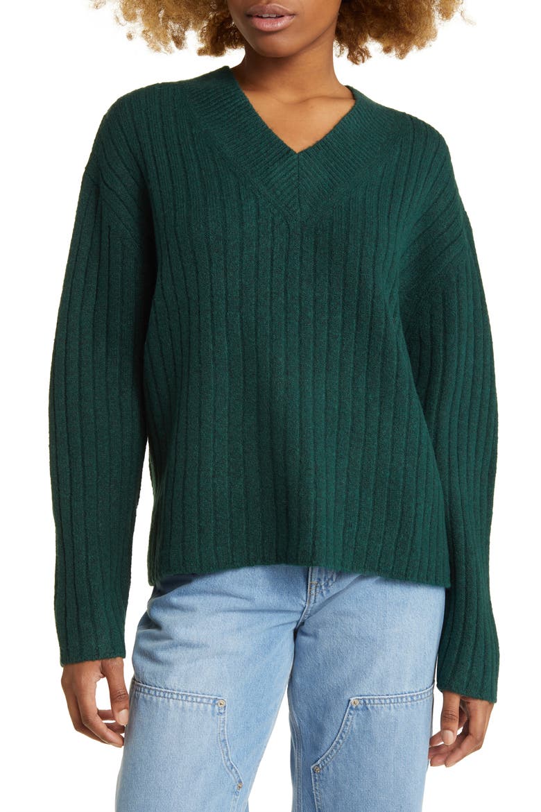 Boxy V-Neck Rib Sweater, Main, color, DARK GREEN