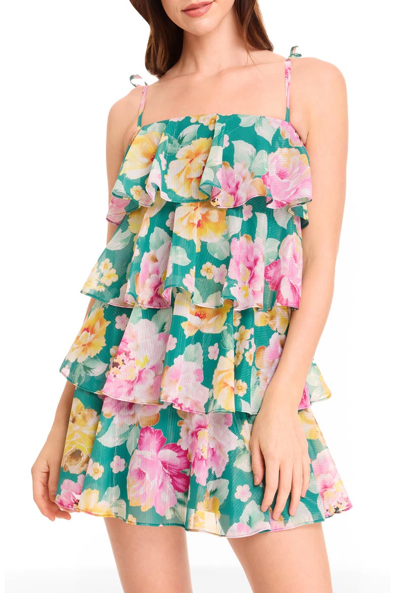 Pixie Metallic Stripe Floral Tiered Minidress, Alternate, color, PINE MULTI