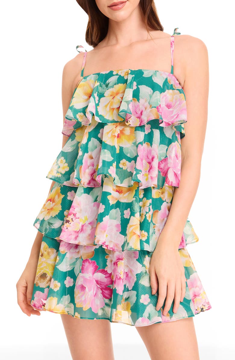 Dress the Population Pixie Metallic Stripe Floral Tiered Minidress, Alternate, color, Pine Multi