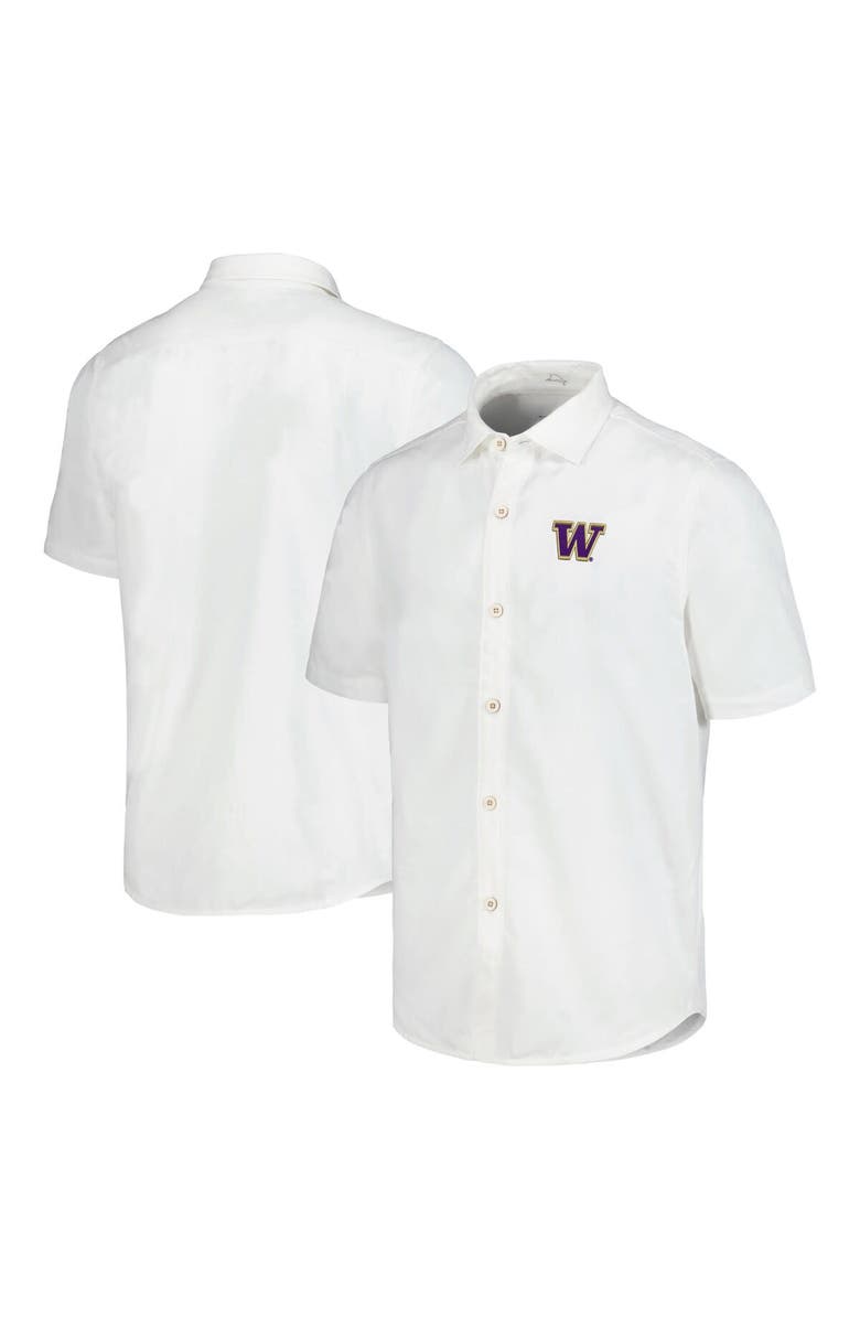 Tommy Bahama Men's Tommy Bahama White Washington Huskies Coconut Point Palm Vista IslandZone Camp Button-Up Shirt, Main, color, White