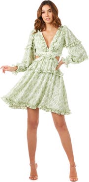 LARA New York V-Neck Long Sleeve Print Cocktail Short with Cutout and Lace Up Back