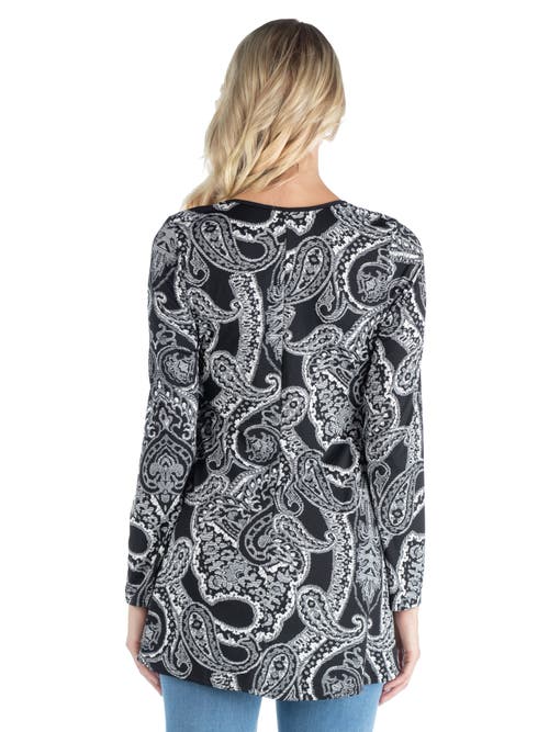 24seven Comfort Apparel Maternity Black Paisley Long Sleeve Tunic Top In Multi