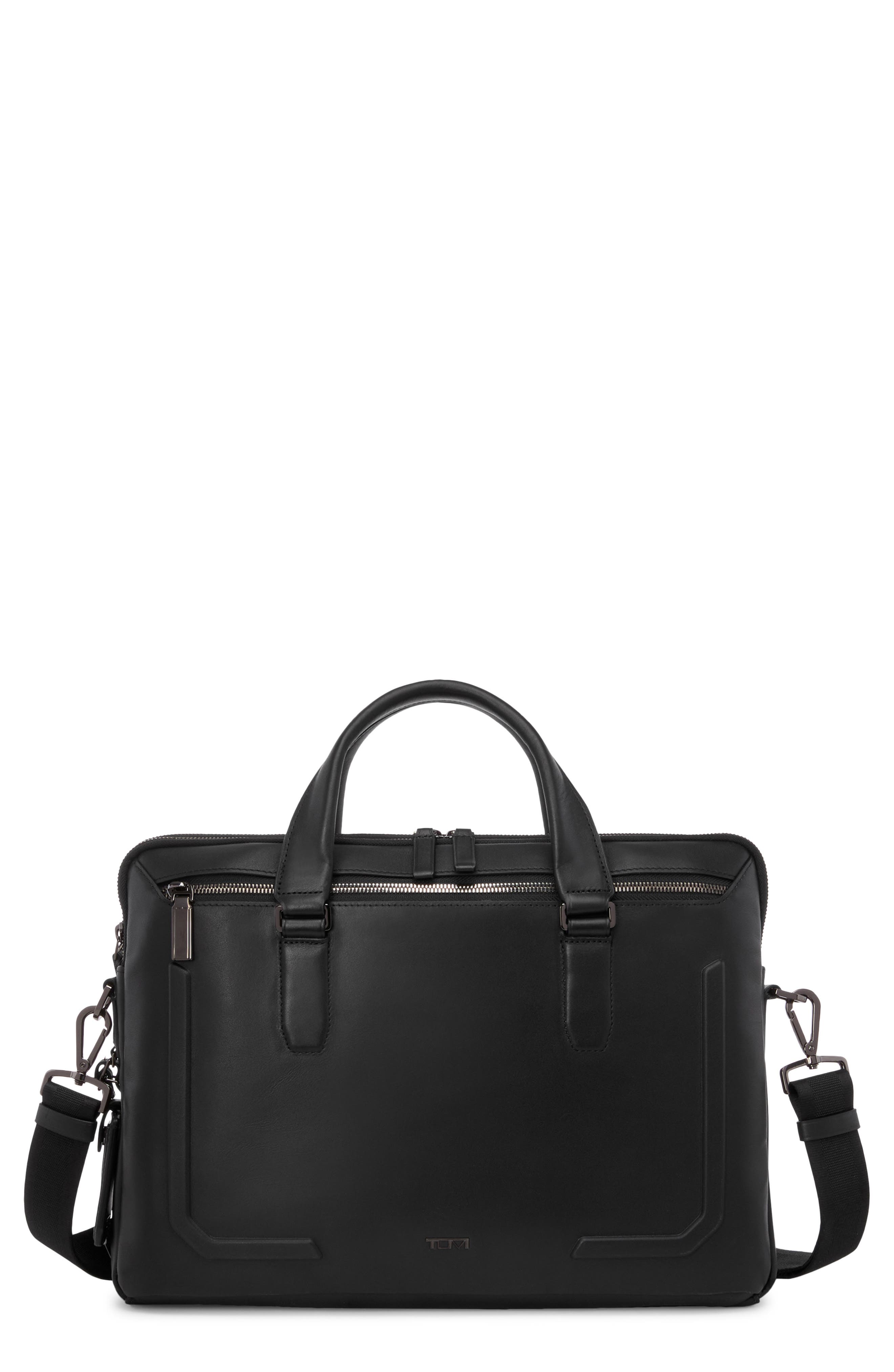 TUMI Sycamore Slim Leather Briefcase, Main, color, Black Bombe