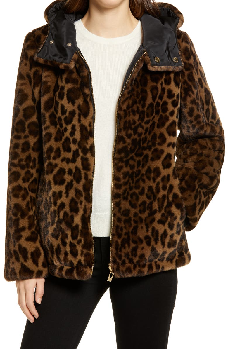 Via Spiga Leopard Print Hooded Reversible Faux Fur Jacket, Main, color, 