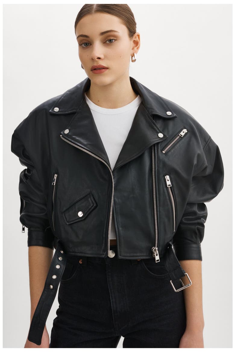 Dylan | 80's Leather Biker Jacket, Alternate, color, BLACK