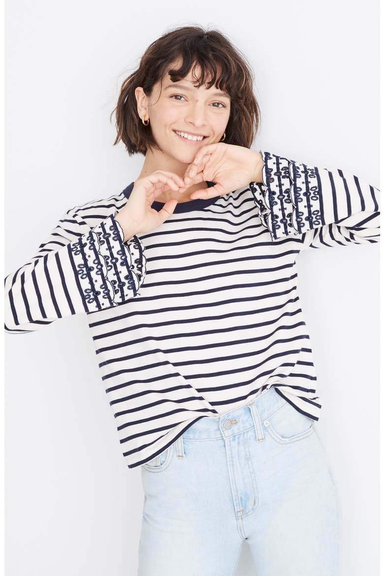 Baker Stripe Eyelet Embroidered Tier Sleeve Tee, Alternate, color, PEARL IVORY SOCOTRA STRIPE