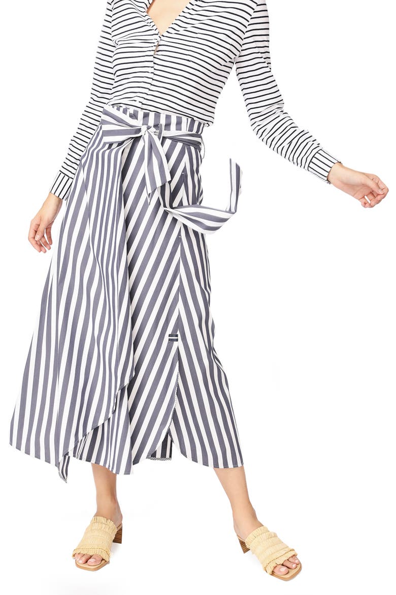 Wide Stripe Tie Waist Cotton Blend Skirt, Alternate, color, BLUE NIGHT
