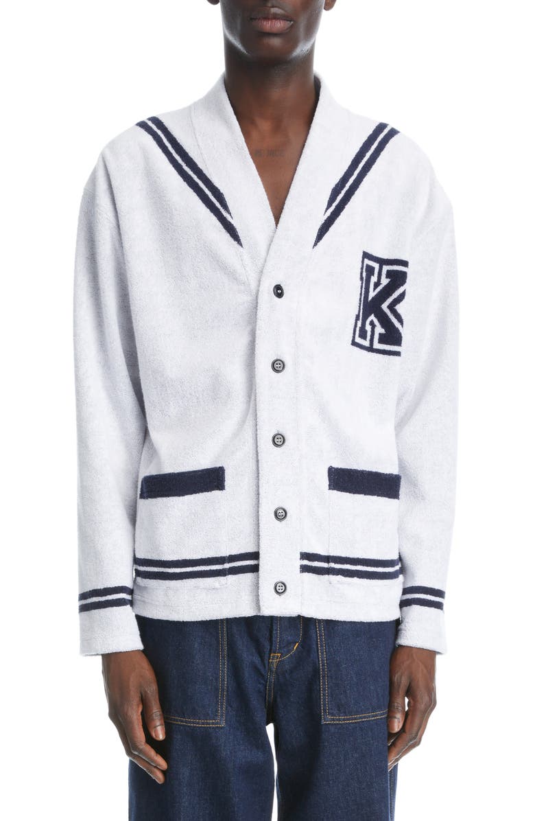 KENZO Sailor V-Neck Terry Cloth Varsity Cardigan, Main, color, 
