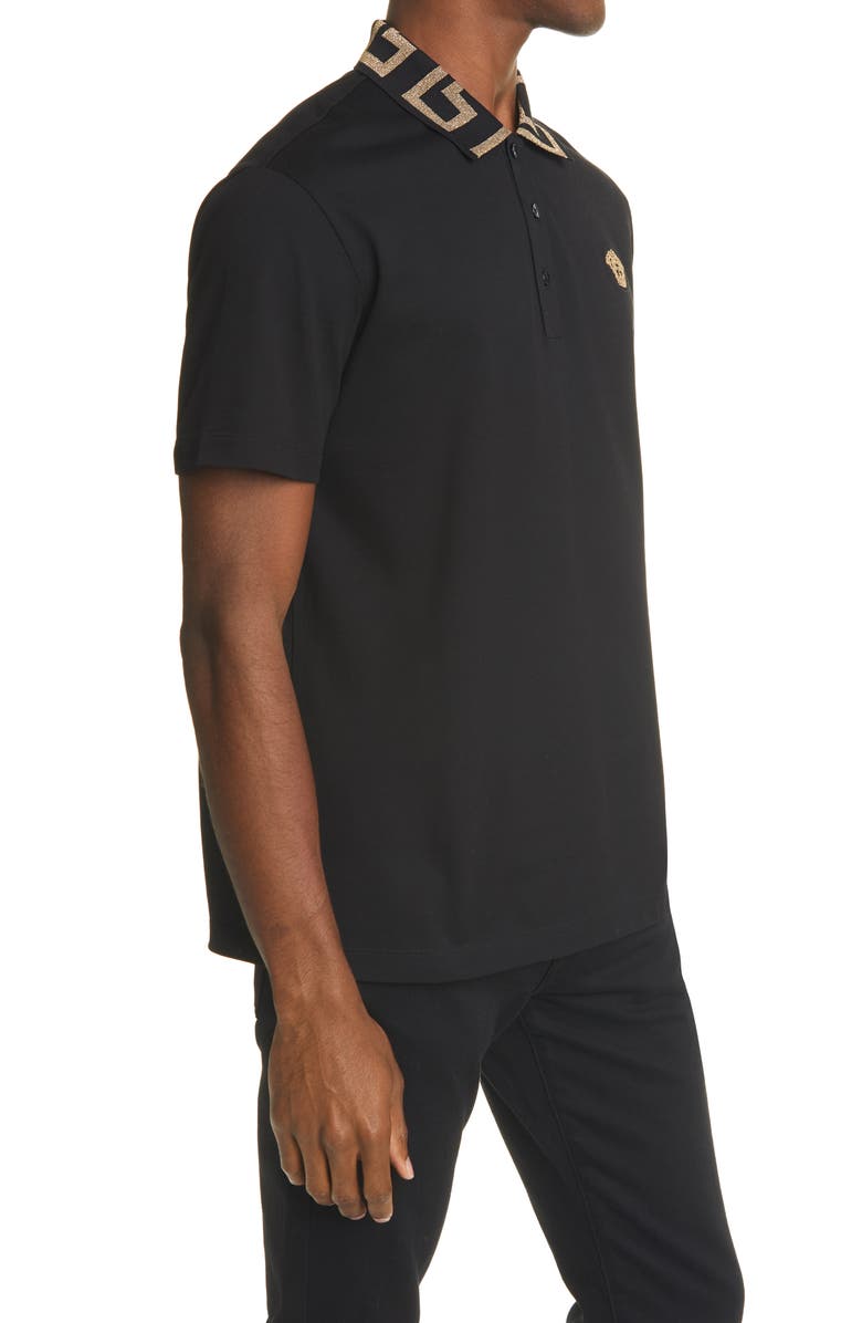 Versace Metallic Medusa Appliqué Cotton Polo Shirt, Alternate, color, 