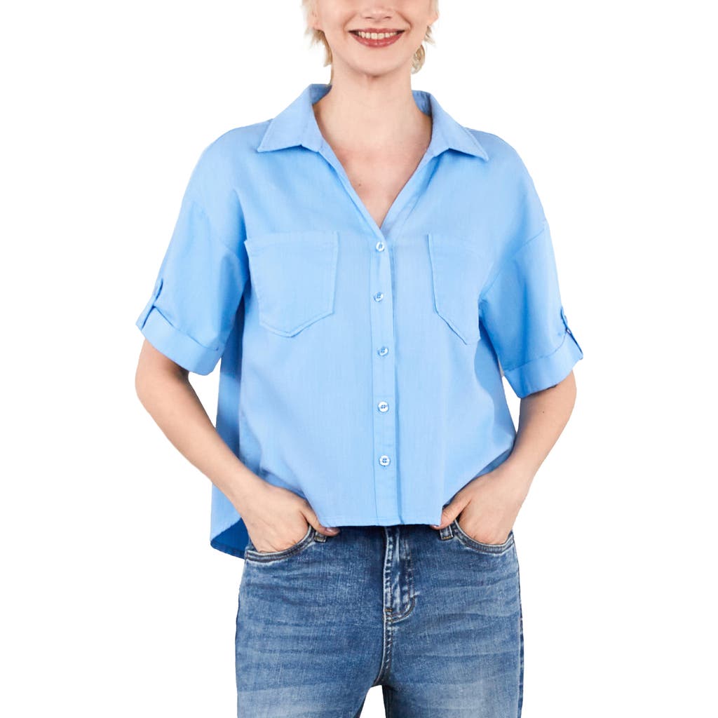 Hint Of Blu Emma Boxy Roll Tab Shirt In Blue