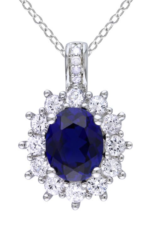 Sterling Silver Oval Lab Created Blue & White Sapphire Diamond Pendant Necklace - 0.02ct.