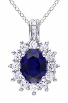 DELMAR Sterling Silver Oval Lab Created Blue & White Sapphire Diamond Pendant Necklace - 0.02ct.