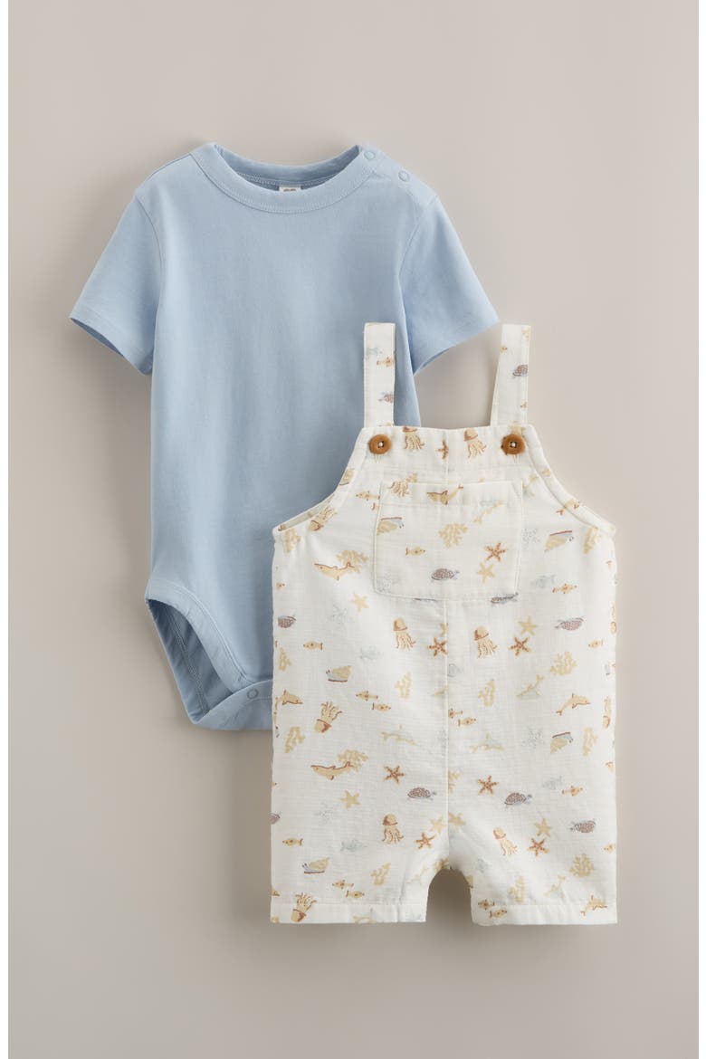 Cotton Bodysuit & Shortalls Set, Main, color, IVORY MARINE ANIMALS- BLUE