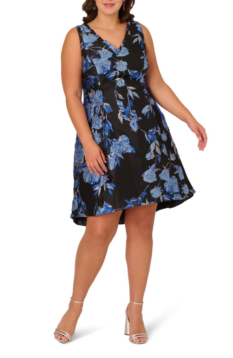 Adrianna Papell Metallic Floral High-Low Cocktail Dress, Main, color, Blue/ Black Multi