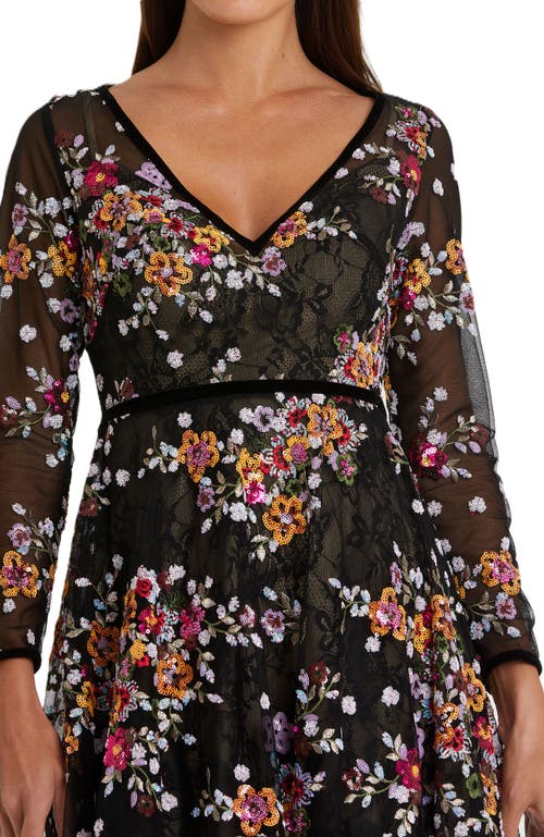 Mac Duggal Sequined Floral Lace Long-sleeve Illusion Dress In Black Multi