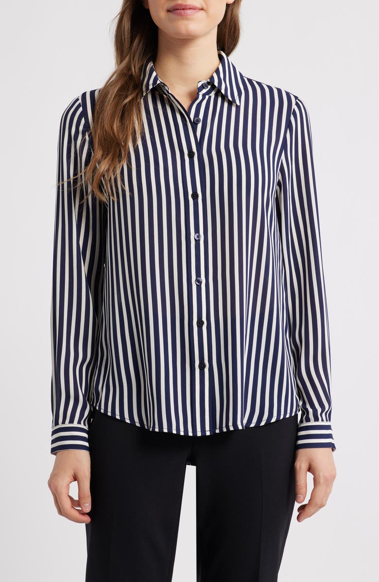 AK ANNE KLEIN Stripe Button-Up Shirt, Main, color, Distant Mountain/ White Dove