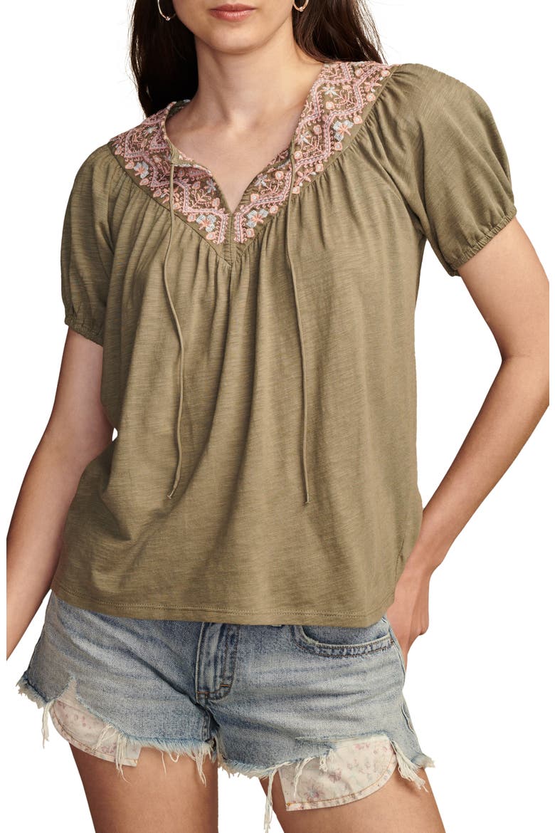 Embroidered Split Neck Top, Main, color, DUSTY OLIVE