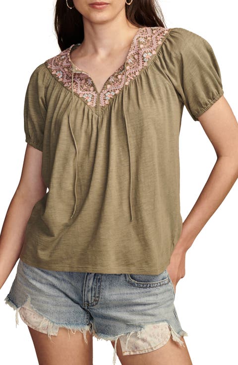 Embroidered Split Neck Top