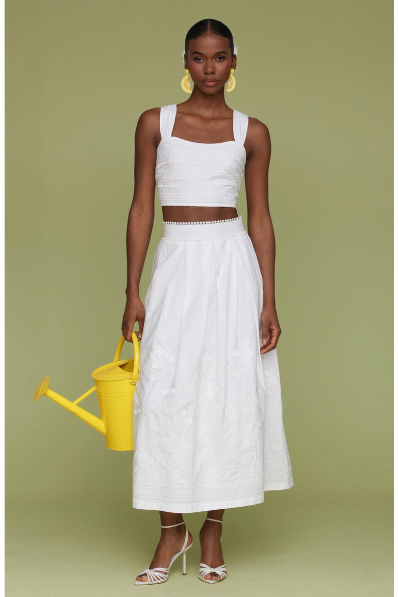 Floral Embroidered Pleated Cotton Midi Skirt, Alternate, color, WHITE