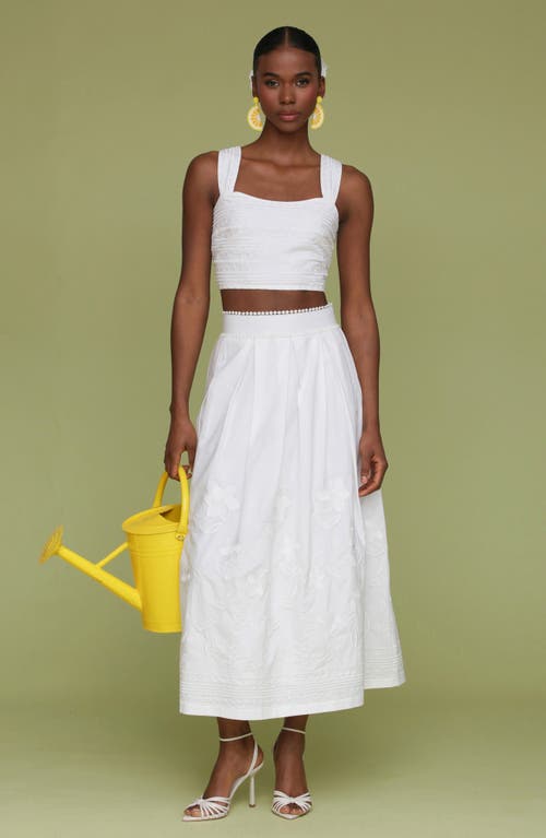 Shop Avec Les Filles Floral Embroidered Pleated Cotton Midi Skirt In White