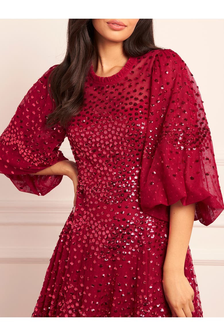 Scallop Sequin Round Neck Maxi Dress, Alternate, color, Red