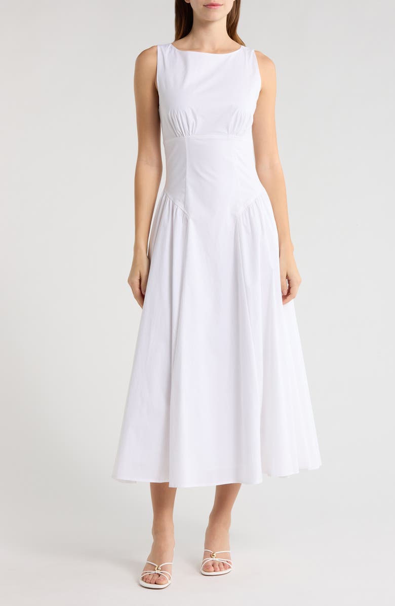 STAUD Gwen Shaped Waist Stretch Cotton Dress, Main, color, White