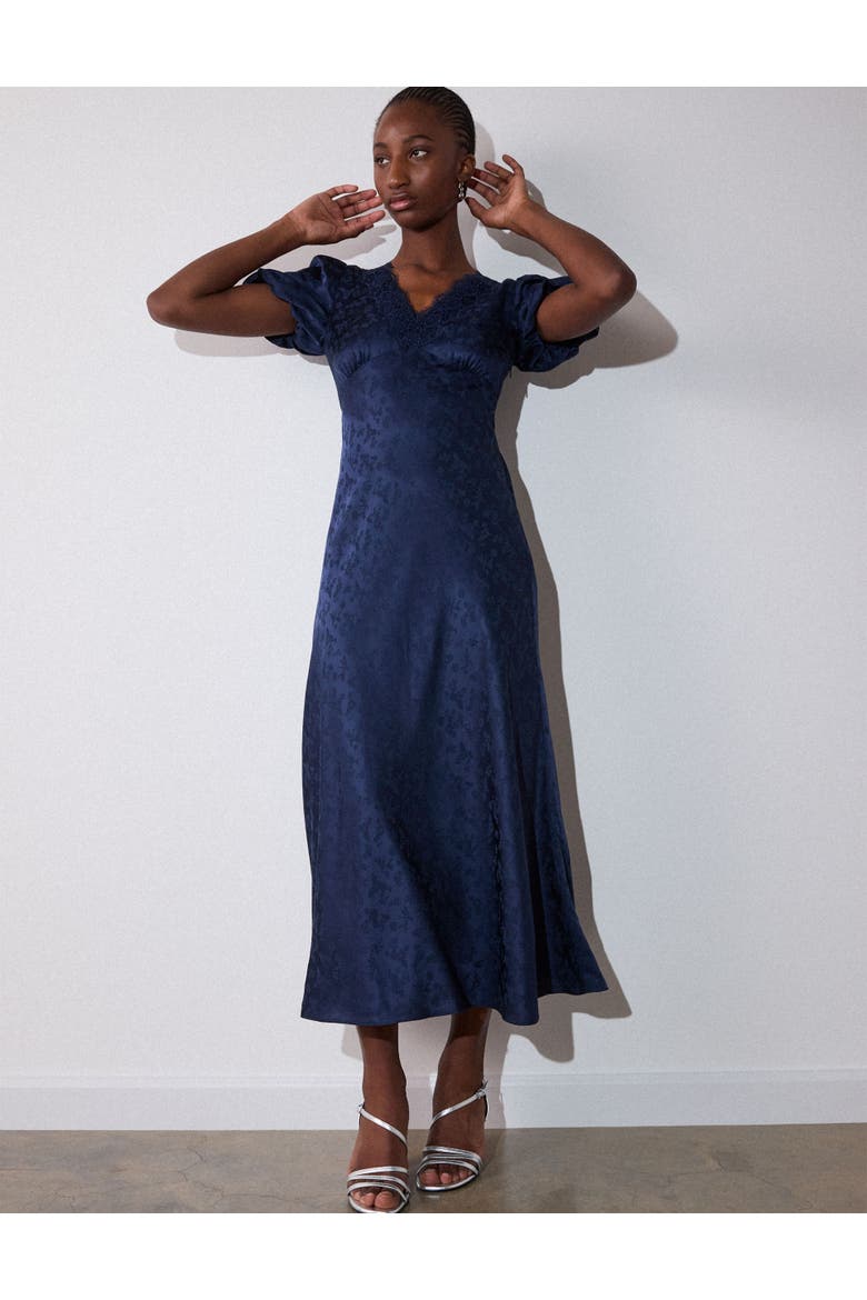 Jacquard V-Neck Midi Dress, Main, color, Navy