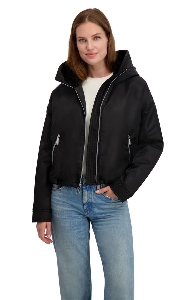 Laundry by Shelli Segal Faux Shearling Lined Hooded Jacket, Alternate, color, Black