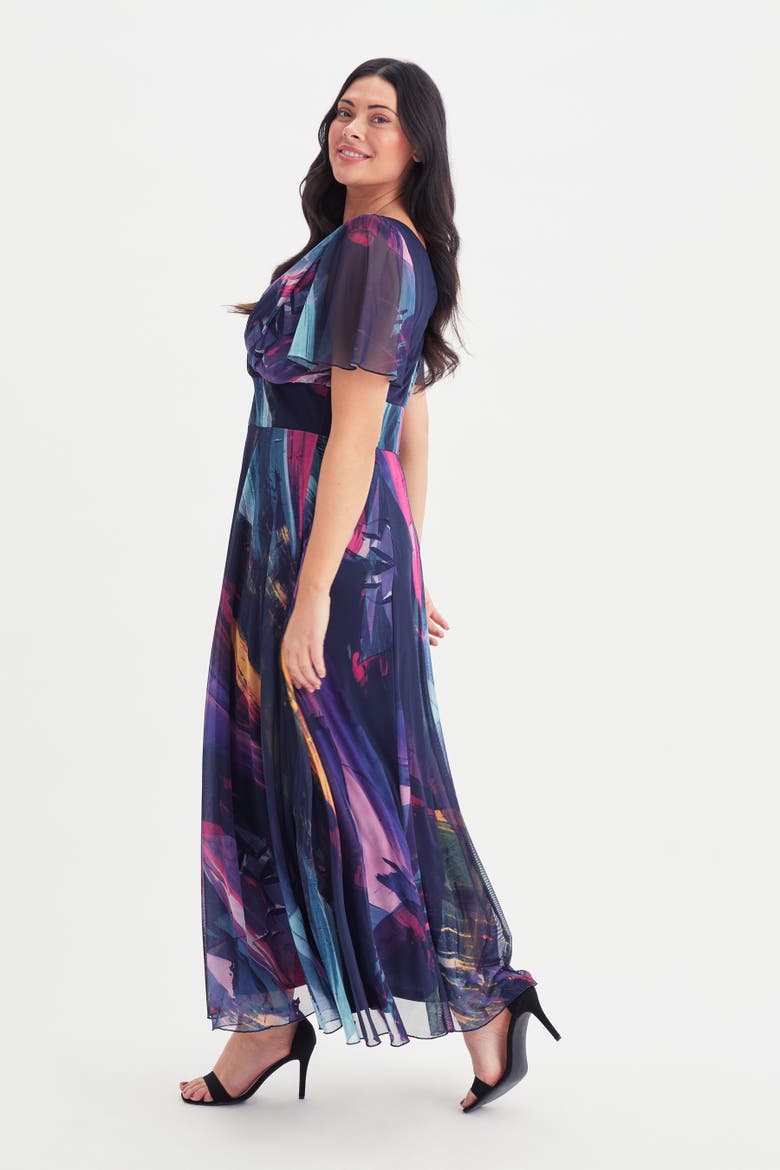 Isabelle Printed Angel Sleeve Dress, Alternate, color, Navy Abstract