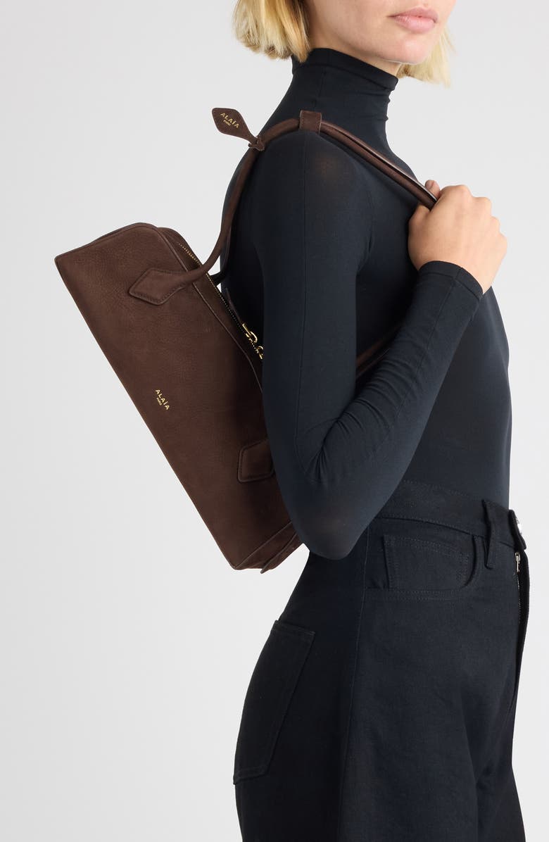 Alaïa Medium Le Teckel Suede East/West Shouder Bag, Alternate, color, Brun/ Or