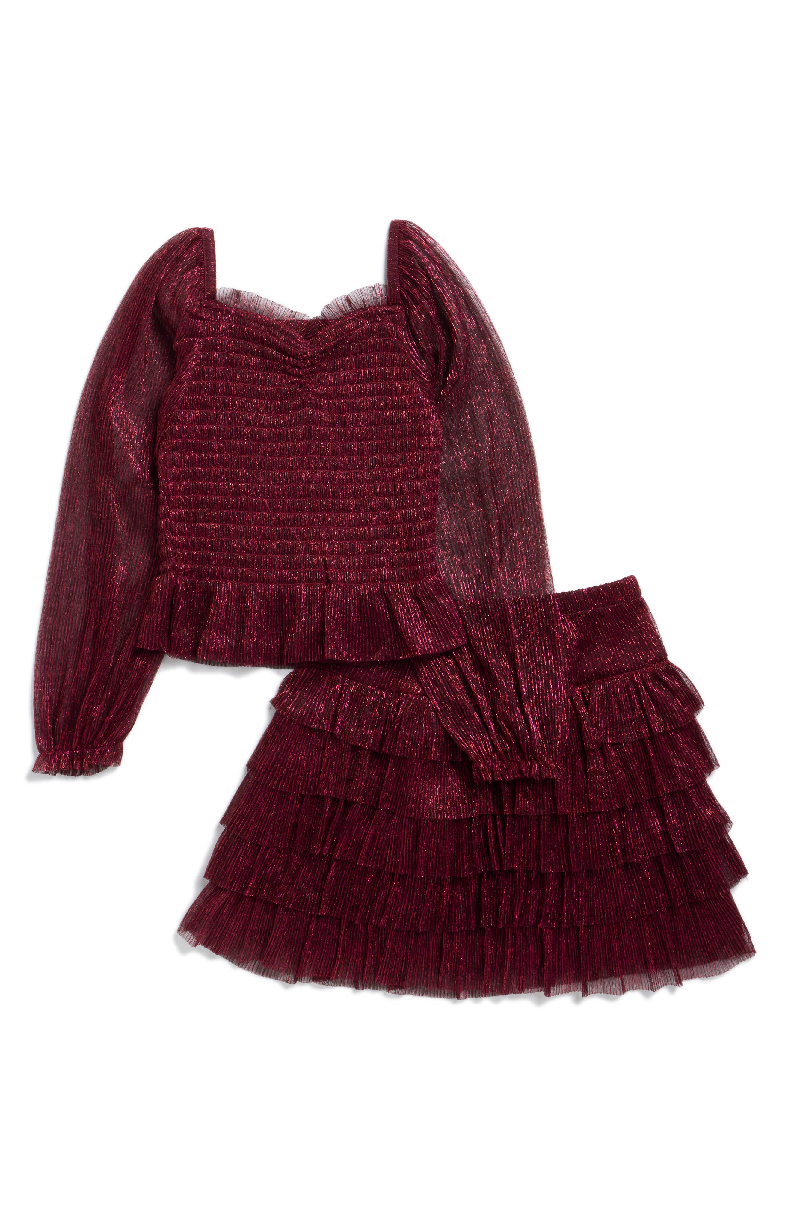 Kids' Metallic Plissé Smocked Top & Skirt Set