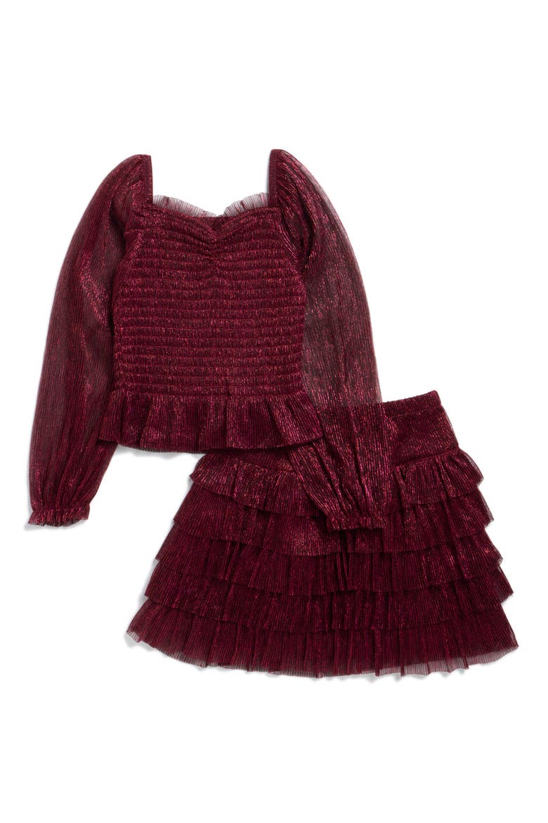 Kids' Metallic Plissé Smocked Top & Skirt Set, Main, color, CRANBERRY