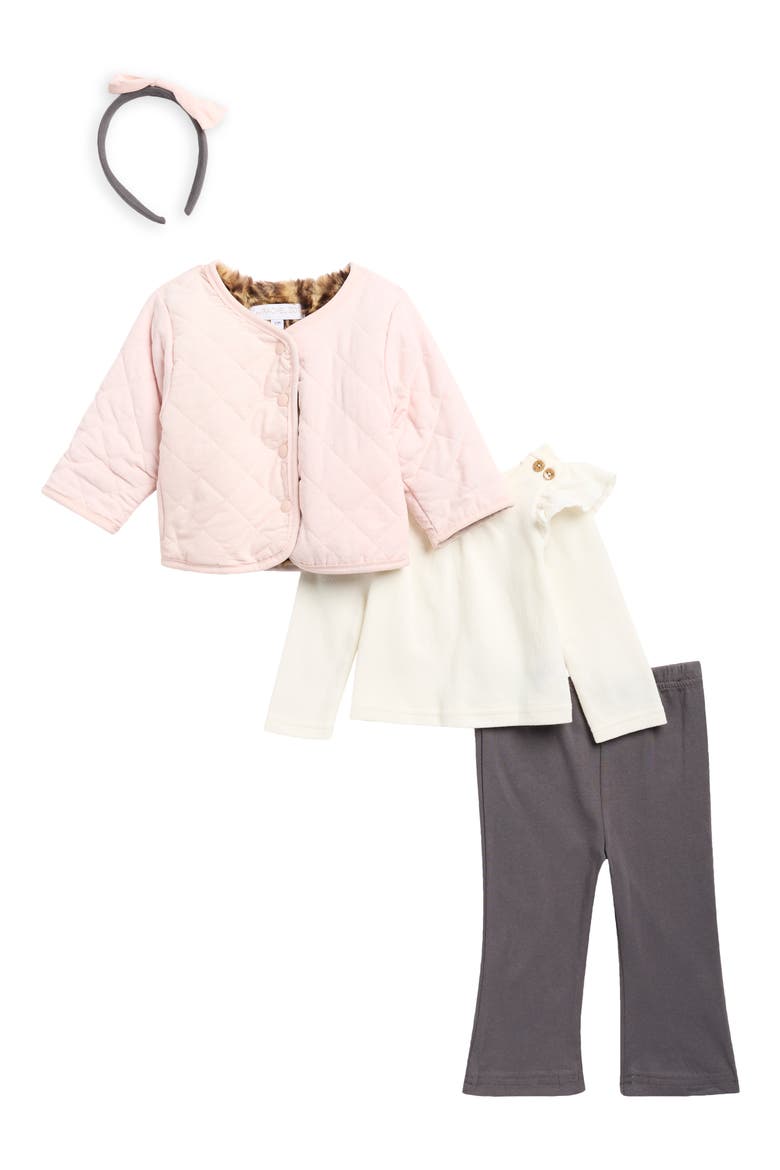 Kids' 4-Piece Faux Fur Jacket, Top, Pants & Headband Set, Main, color, GOLD