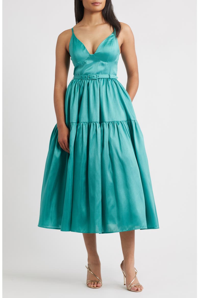 Belted Bustier Tiered Dress, Main, color, TEAL