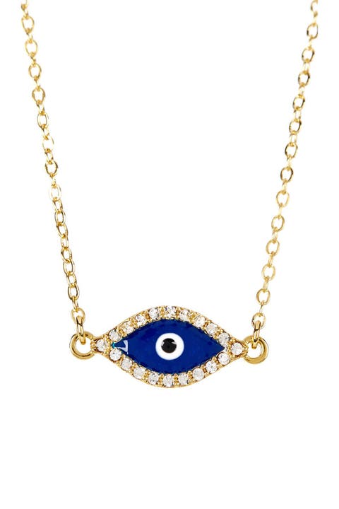 14K Yellow Gold Plated Pave CZ Evil Eye Pendant Necklace