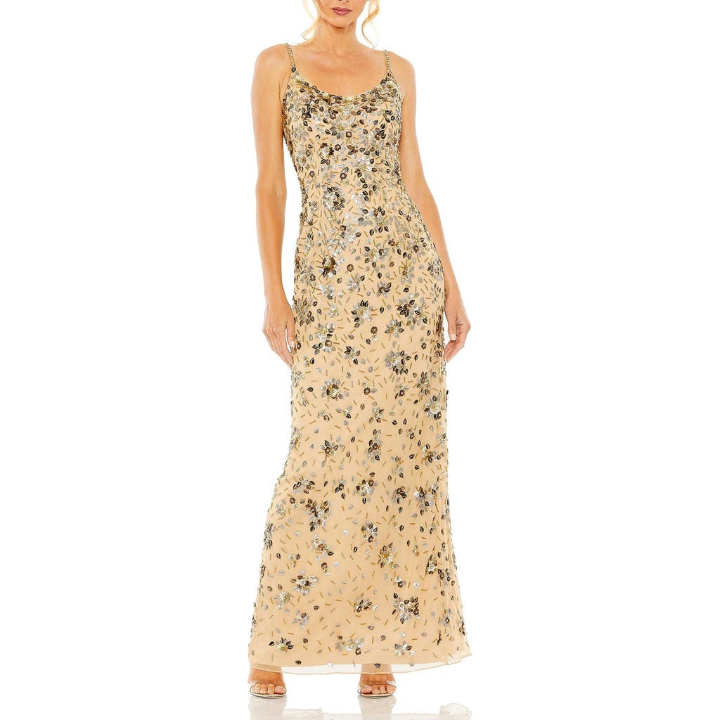 Mac Duggal Floral Embellished Scoop Neck Evening Gown In Gold