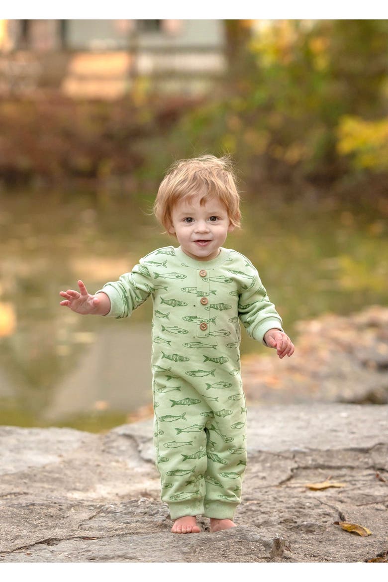 Matthew Long Sleeve Fish Print Ribbed Trim Button Placket Romper, Alternate, color, Green