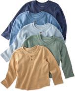 BUTTERBLU Kids' Payton Assorted 5-Pack Long Sleeve Organic Cotton Waffle Henley T-Shirts