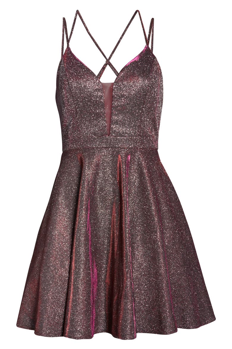 Iridescent Fit & Flare Dress, Alternate, color, WINE/ SILVER